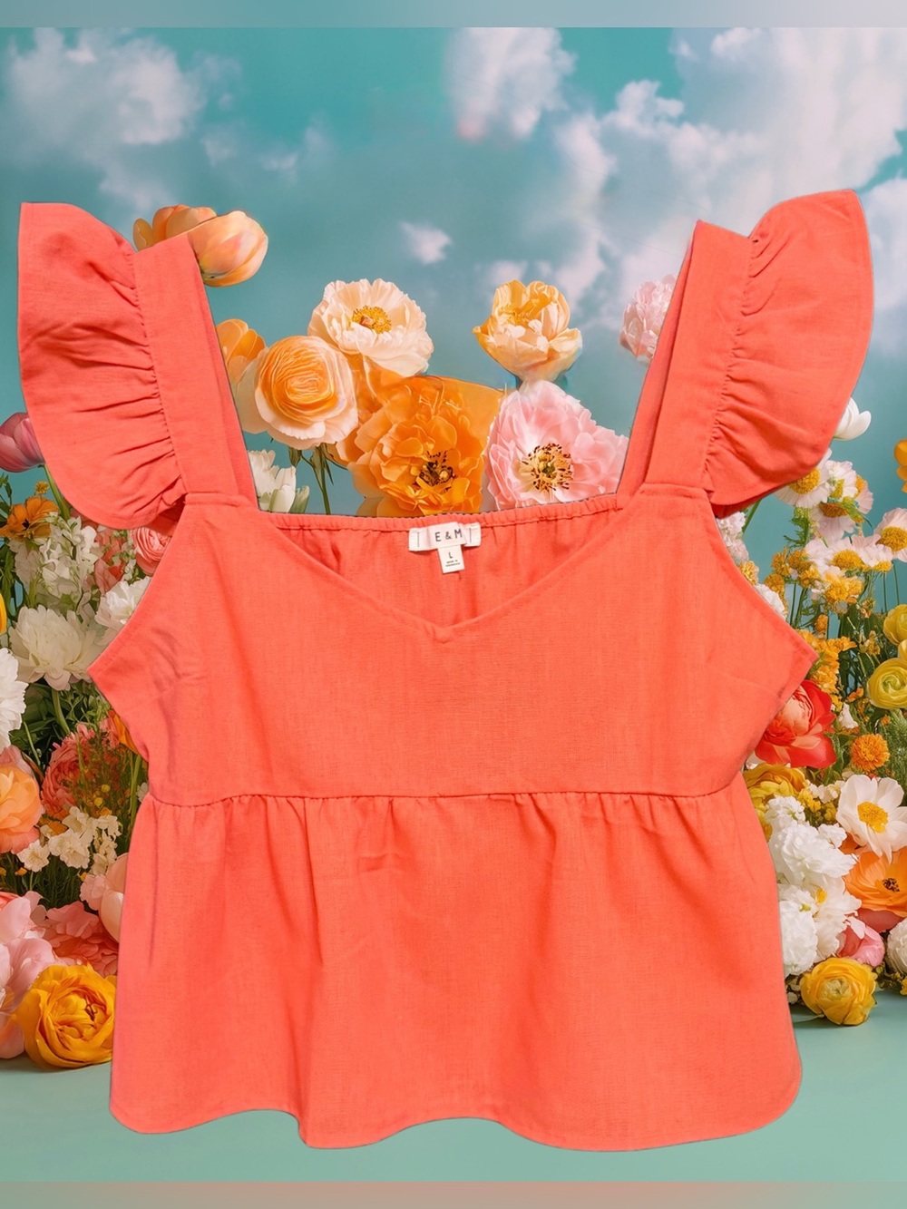 E&M NWOT Coral Ruffle Sleeve Peplum Top size Large